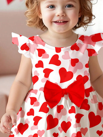 Cute Heart Print, Pink & Red, Young Girl Sweet Bow Heart Print Fashion Cap Sleeve Dress, Suitable For Spring & Summer