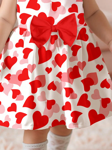 Cute Heart Print, Pink & Red, Young Girl Sweet Bow Heart Print Fashion Cap Sleeve Dress, Suitable For Spring & Summer
