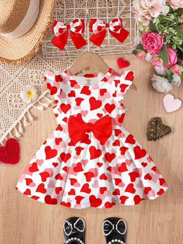 Cute Heart Print, Pink & Red, Young Girl Sweet Bow Heart Print Fashion Cap Sleeve Dress, Suitable For Spring & Summer