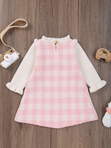 Cute Infant Plaid Knit Ruffle Hem Long Sleeve Dress