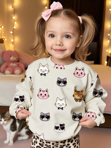 Cute Kitty Allover Print Young Girls Casual Loose Fit Crew Neck Comfortable Daily Knit Long Sleeve Sweatshirt, Suitable For Autumn/Winter