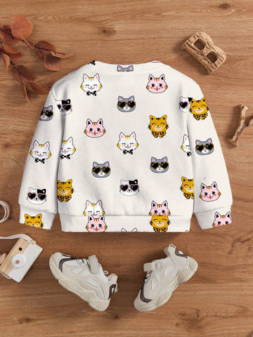 Cute Kitty Allover Print Young Girls Casual Loose Fit Crew Neck Comfortable Daily Knit Long Sleeve Sweatshirt, Suitable For Autumn/Winter