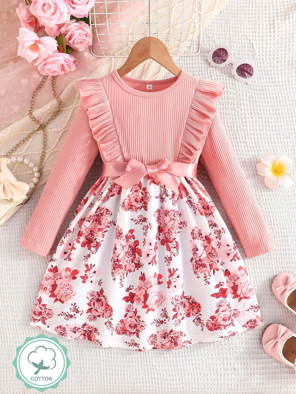Cute Long Sleeve Cotton Solid Color Dress With Floral Hem, For Spring And Autumn