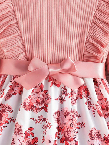 Cute Long Sleeve Cotton Solid Color Dress With Floral Hem, For Spring And Autumn