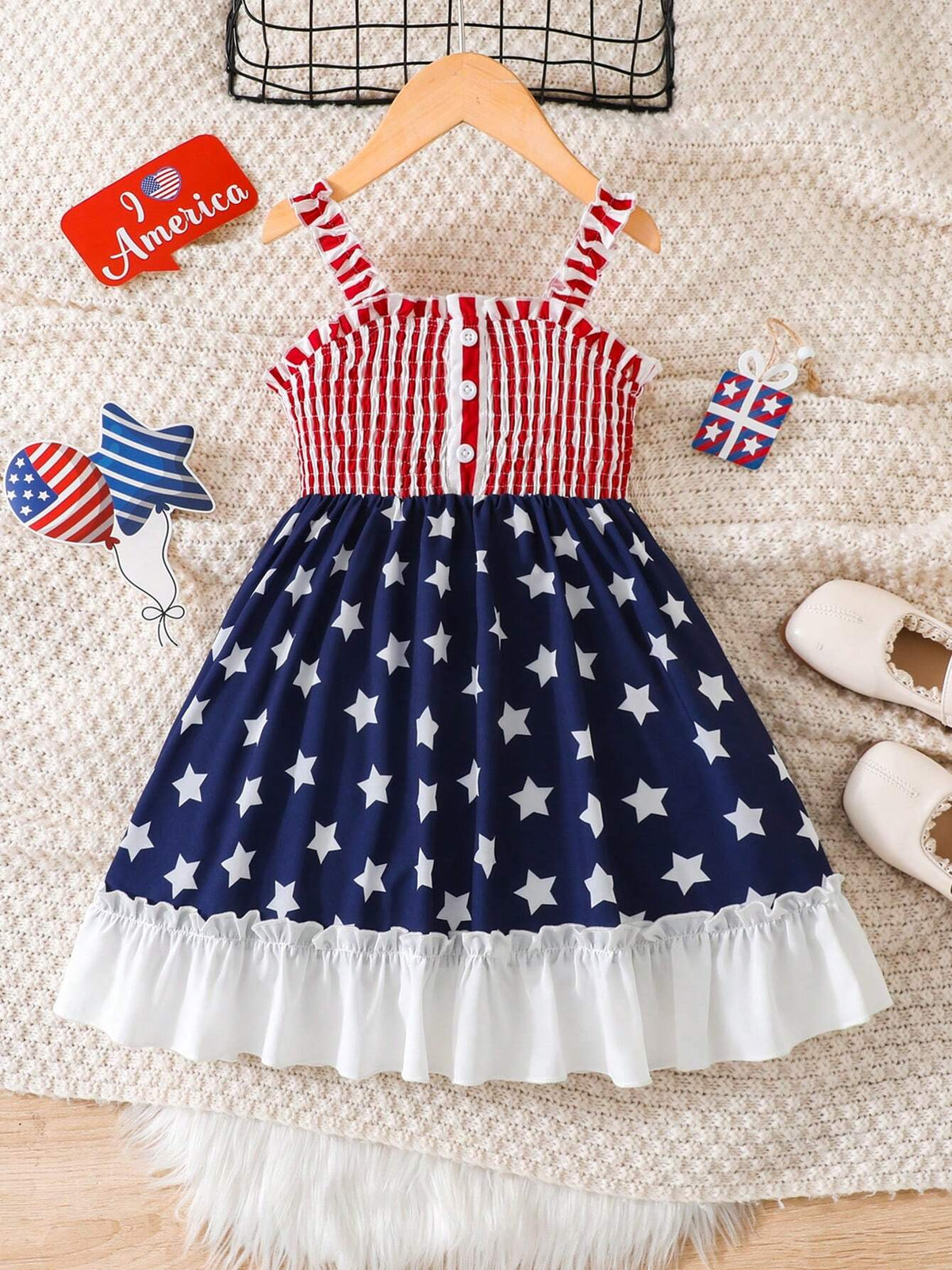 Cute Patriotic Striped & Star Printed Sleeveless Dress For Girls, Summer