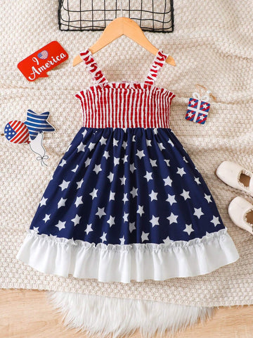 Cute Patriotic Striped & Star Printed Sleeveless Dress For Girls, Summer