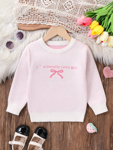 Cute Pink Bow Knitted Sweater, Young Girl Letter Pattern Pullover Knit Top