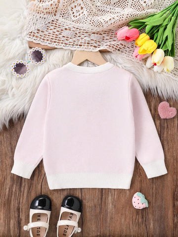 Cute Pink Bow Knitted Sweater, Young Girl Letter Pattern Pullover Knit Top