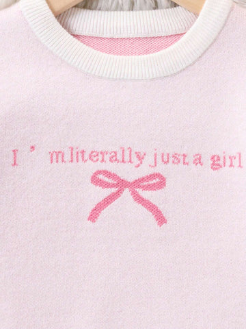 Cute Pink Bow Knitted Sweater, Young Girl Letter Pattern Pullover Knit Top