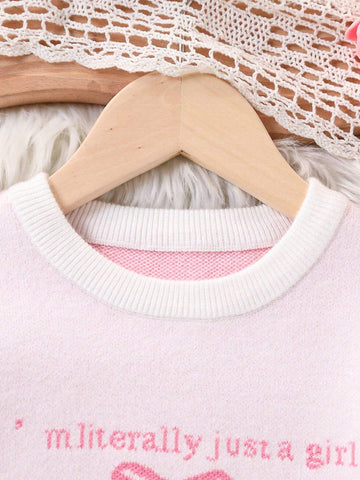 Cute Pink Bow Knitted Sweater, Young Girl Letter Pattern Pullover Knit Top