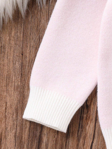 Cute Pink Bow Knitted Sweater, Young Girl Letter Pattern Pullover Knit Top