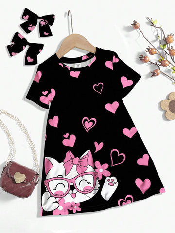 Cute Pink Heart, Cat, Floral Print Casual Minimalist Short Sleeve Midi Dress, Suitable For Summer, Young Girl