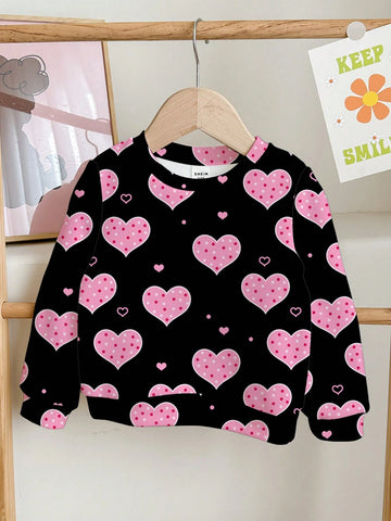Cute Pink Polka Dot And Heart Print Casual Loose Fit Crew Neck Comfortable Daily Wear Knit Long Sleeve Sweatshirt, Suitable For Young Girls In Autumn/Winter