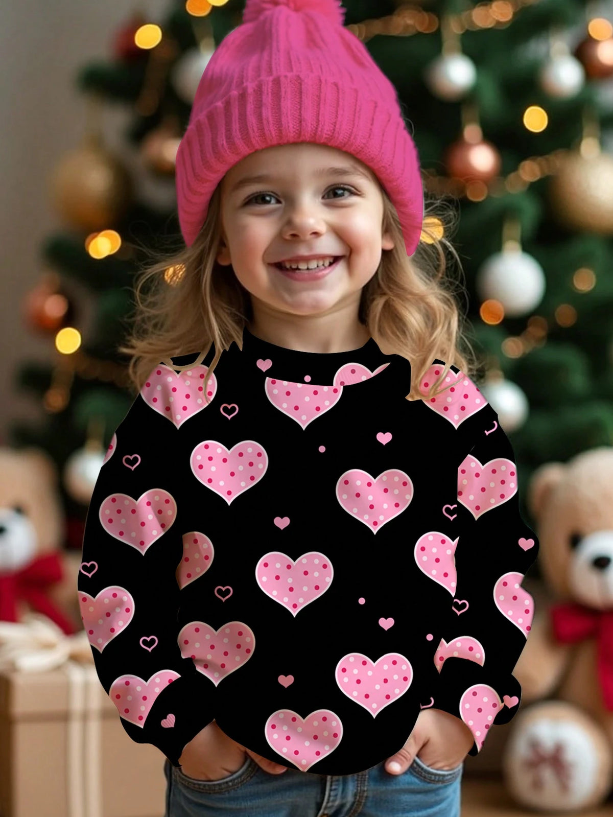 Cute Pink Polka Dot And Heart Print Casual Loose Fit Crew Neck Comfortable Daily Wear Knit Long Sleeve Sweatshirt, Suitable For Young Girls In Autumn/Winter