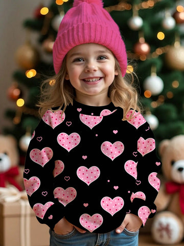 Cute Pink Polka Dot And Heart Print Casual Loose Fit Crew Neck Comfortable Daily Wear Knit Long Sleeve Sweatshirt, Suitable For Young Girls In Autumn/Winter