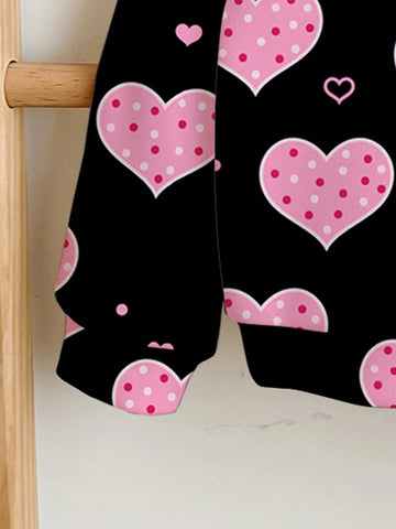 Cute Pink Polka Dot And Heart Print Casual Loose Fit Crew Neck Comfortable Daily Wear Knit Long Sleeve Sweatshirt, Suitable For Young Girls In Autumn/Winter