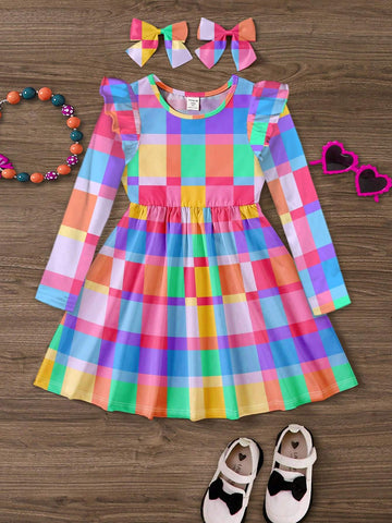 Cute Plaid Pattern, Sweet Cartoon Print Young Girl Fashion Long Sleeve Dress, Suitable For Autumn/Winter