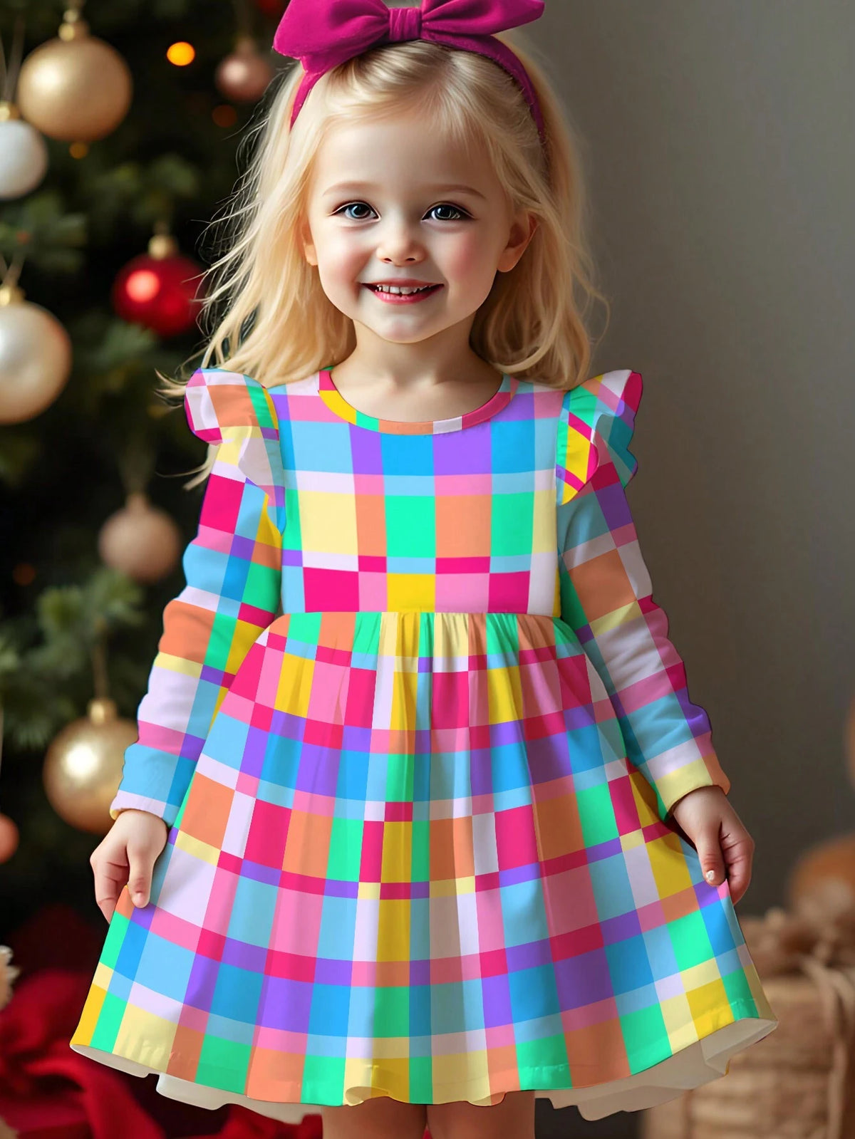 Cute Plaid Pattern, Sweet Cartoon Print Young Girl Fashion Long Sleeve Dress, Suitable For Autumn/Winter
