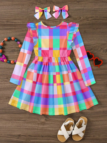 Cute Plaid Pattern, Sweet Cartoon Print Young Girl Fashion Long Sleeve Dress, Suitable For Autumn/Winter