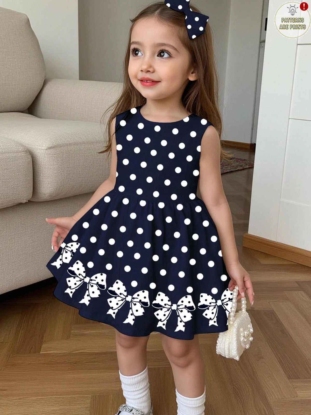 Cute Polka Dot Bow Print, Young Girl Casual Minimalist Sleeveless Mid-Longline Dress