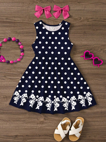 Cute Polka Dot Bow Print, Young Girl Casual Minimalist Sleeveless Mid-Longline Dress