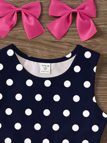 Cute Polka Dot Bow Print, Young Girl Casual Minimalist Sleeveless Mid-Longline Dress