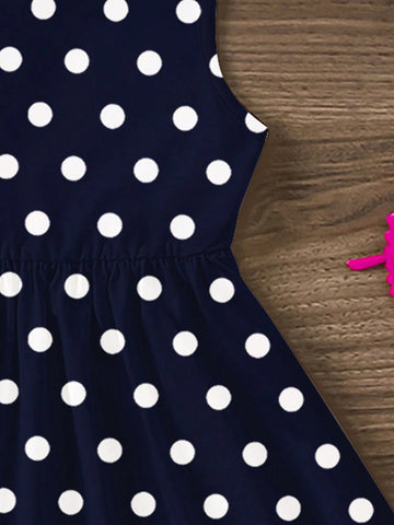 Cute Polka Dot Bow Print, Young Girl Casual Minimalist Sleeveless Mid-Longline Dress