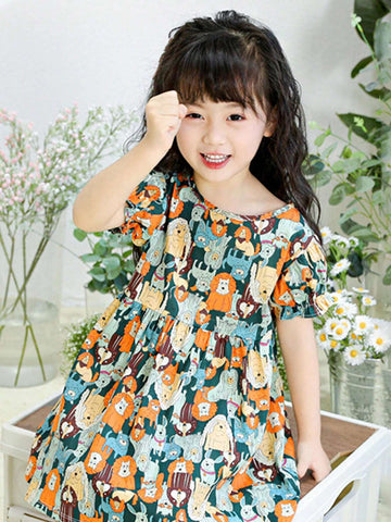 Cute Princess Style Cartoon Animal Lamb Print Graffiti Pure Cotton Breathable Soft Thin Short Sleeve Toddler Girls A-Line Dress For Spring/Summer