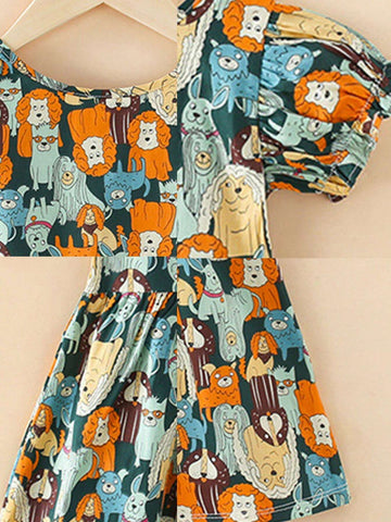 Cute Princess Style Cartoon Animal Lamb Print Graffiti Pure Cotton Breathable Soft Thin Short Sleeve Toddler Girls A-Line Dress For Spring/Summer