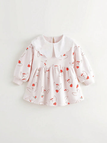 Cute Rabbit All-Over Print Peter Pan Collar Long Sleeve Dress For Young Girls, Autumn
