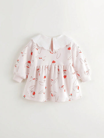 Cute Rabbit All-Over Print Peter Pan Collar Long Sleeve Dress For Young Girls, Autumn