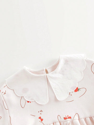 Cute Rabbit All-Over Print Peter Pan Collar Long Sleeve Dress For Young Girls, Autumn
