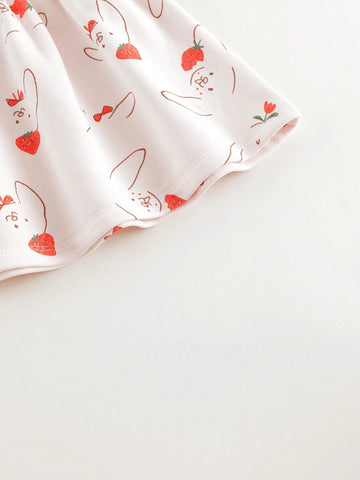 Cute Rabbit All-Over Print Peter Pan Collar Long Sleeve Dress For Young Girls, Autumn