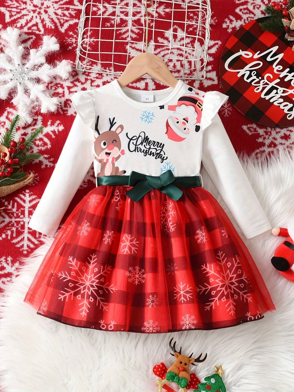 Cute Reindeer & Santa Claus Print Long Sleeve Plaid Mesh Girl Dress With Waistband, Casual Outdoor Skirt