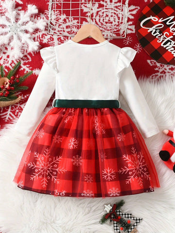 Cute Reindeer & Santa Claus Print Long Sleeve Plaid Mesh Girl Dress With Waistband, Casual Outdoor Skirt