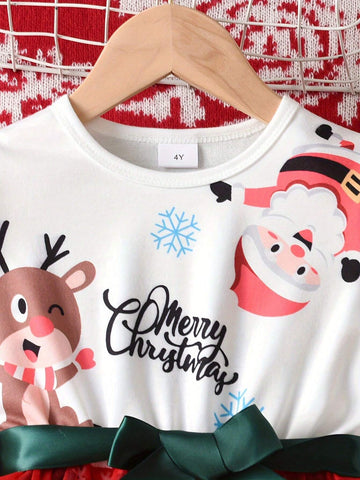 Cute Reindeer & Santa Claus Print Long Sleeve Plaid Mesh Girl Dress With Waistband, Casual Outdoor Skirt