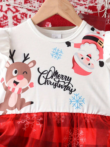 Cute Reindeer & Santa Claus Print Long Sleeve Plaid Mesh Girl Dress With Waistband, Casual Outdoor Skirt