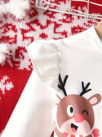Cute Reindeer & Santa Claus Print Long Sleeve Plaid Mesh Girl Dress With Waistband, Casual Outdoor Skirt