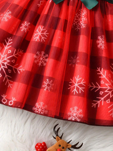 Cute Reindeer & Santa Claus Print Long Sleeve Plaid Mesh Girl Dress With Waistband, Casual Outdoor Skirt
