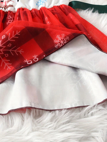 Cute Reindeer & Santa Claus Print Long Sleeve Plaid Mesh Girl Dress With Waistband, Casual Outdoor Skirt