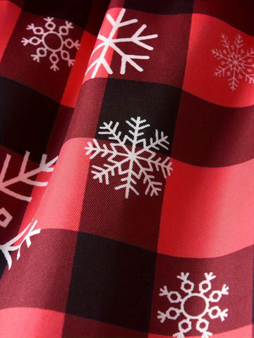 Cute Reindeer & Santa Claus Print Long Sleeve Plaid Mesh Girl Dress With Waistband, Casual Outdoor Skirt
