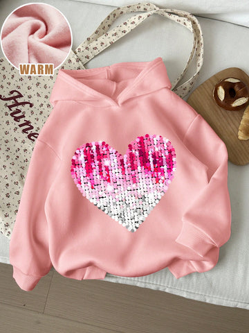 Cute Sequin Heart Pattern Pink Hoodie, Loose Fit Casual Daily Comfy Thick Sweatshirt For Young Girls, Suitable For Autumn & Winter