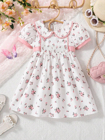 Cute Summer Patchwork Printed Little Girl Dress With Puff Sleeves And Bubble Collar