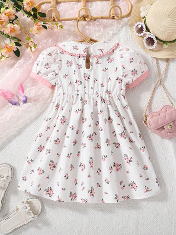 Cute Summer Patchwork Printed Little Girl Dress With Puff Sleeves And Bubble Collar