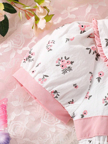 Cute Summer Patchwork Printed Little Girl Dress With Puff Sleeves And Bubble Collar
