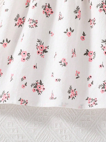 Cute Summer Patchwork Printed Little Girl Dress With Puff Sleeves And Bubble Collar