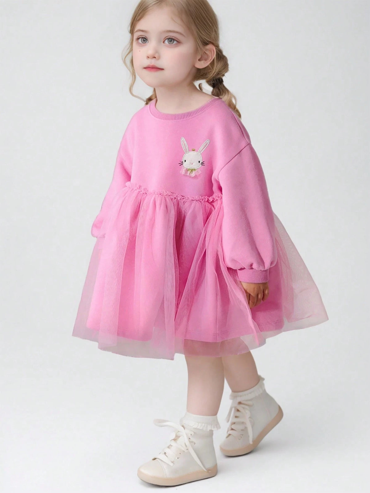 Cute Tulle Spliced Long Sleeve Princess Dress For Girls, Bunny Print Sweet & Casual Dresses Ideal For Spring/Fall
