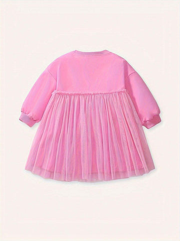 Cute Tulle Spliced Long Sleeve Princess Dress For Girls, Bunny Print Sweet & Casual Dresses Ideal For Spring/Fall