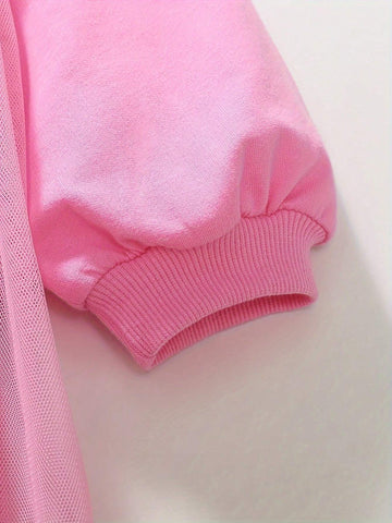 Cute Tulle Spliced Long Sleeve Princess Dress For Girls, Bunny Print Sweet & Casual Dresses Ideal For Spring/Fall