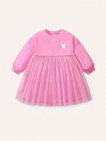 Cute Tulle Spliced Long Sleeve Princess Dress For Girls, Bunny Print Sweet & Casual Dresses Ideal For Spring/Fall